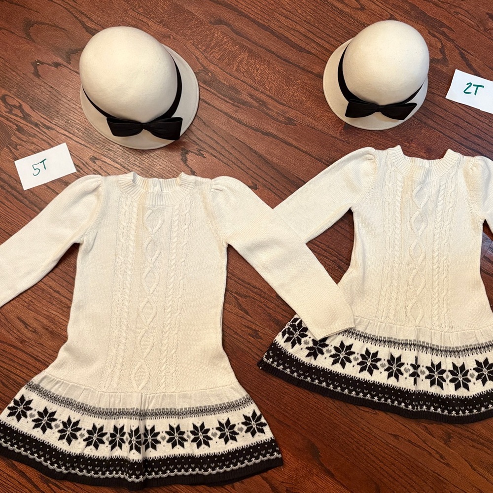 Matching Gymboree Snowflake Sweater Dresses with Cream Wool Hats